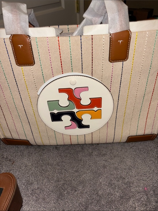 Tory Burch Handbags - Tory Burch Cream Canvas Tote with Multicolor Logo and Stripes